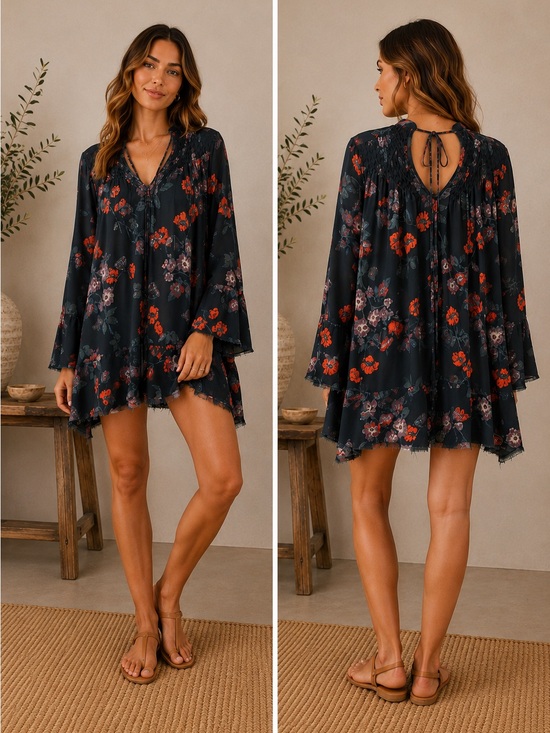 Free People Dresses & Skirts - Free People Black Floral Tie-Back Bell-Sleeve Mini Dress